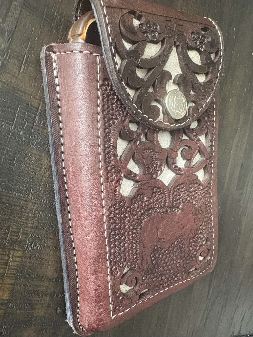 Handcrafted Tooled Leather Phone Sleeve in Rich Brown